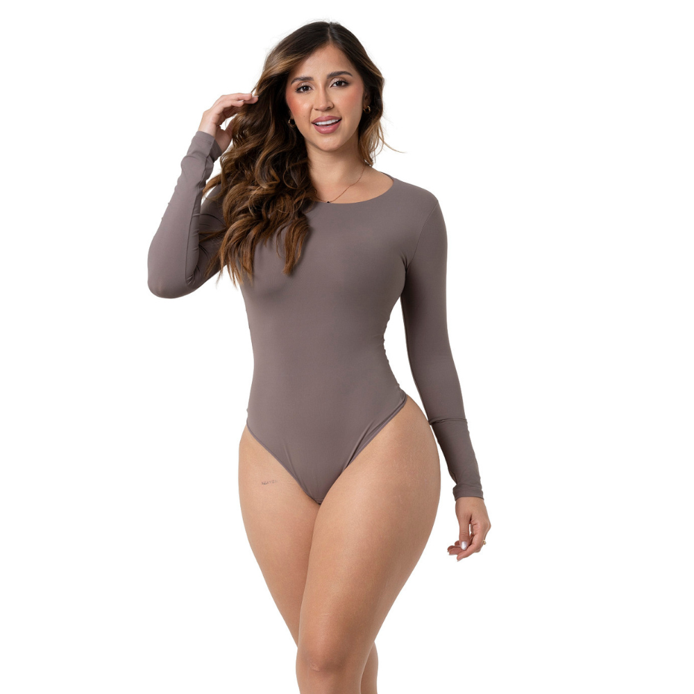 Fajas Salome Long Sleeve Bodysuit Thong Cut Microfiber Top for Women