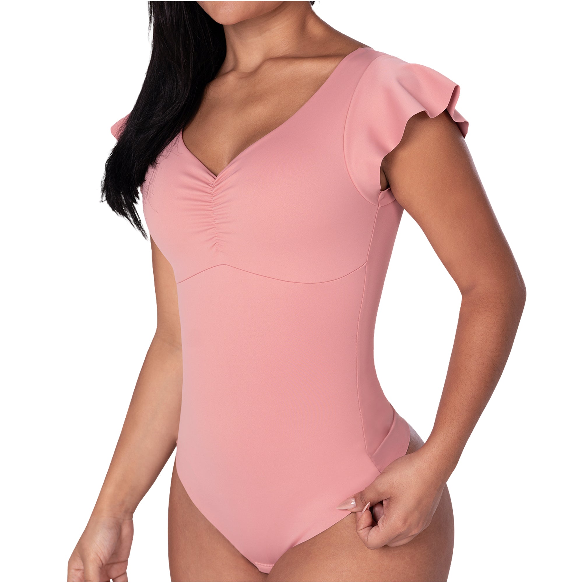 Fajas MyD Flutter-Sleeve Bodysuit Light Control V-Neck Shaper
