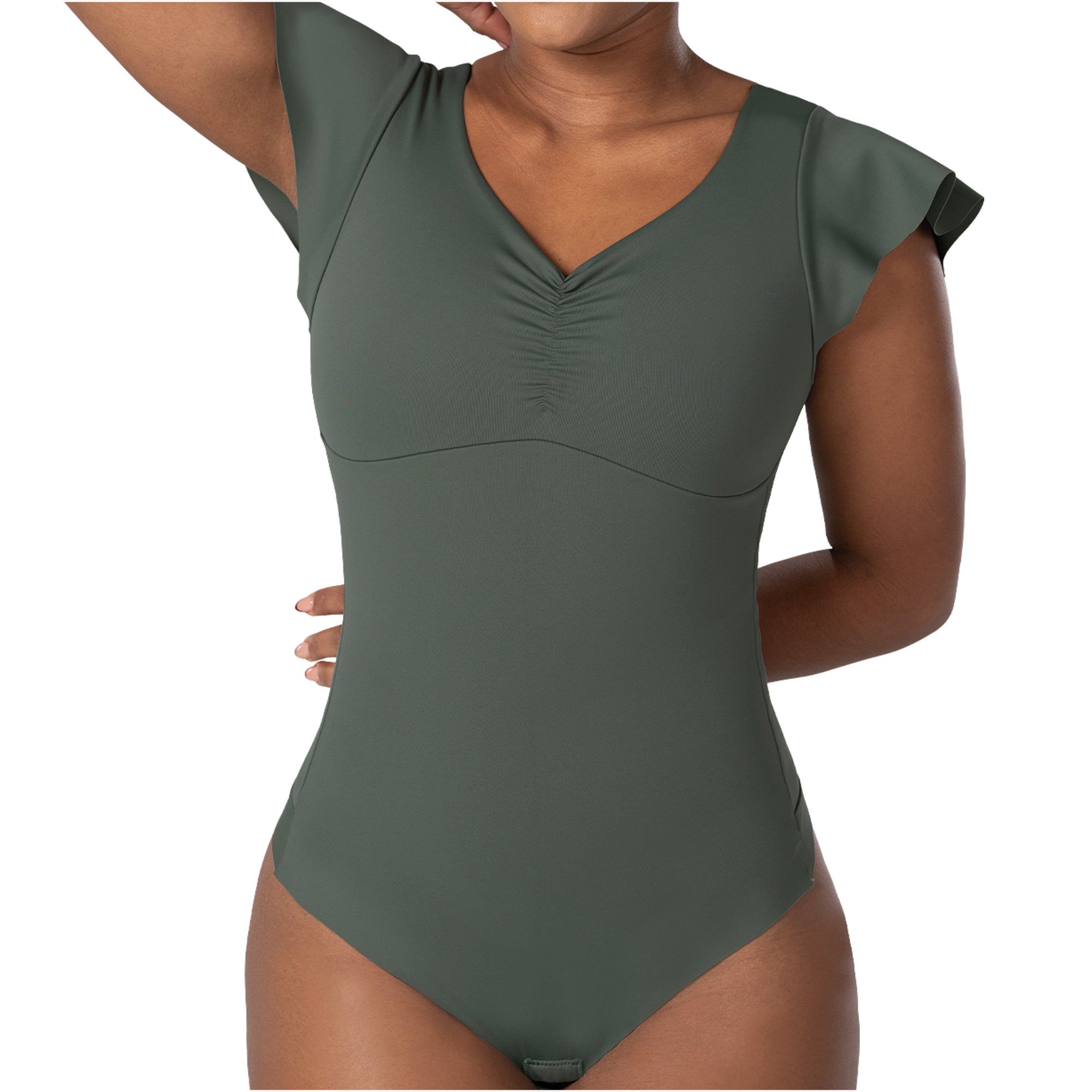 Fajas MyD Flutter-Sleeve Bodysuit Light Control V-Neck Shaper