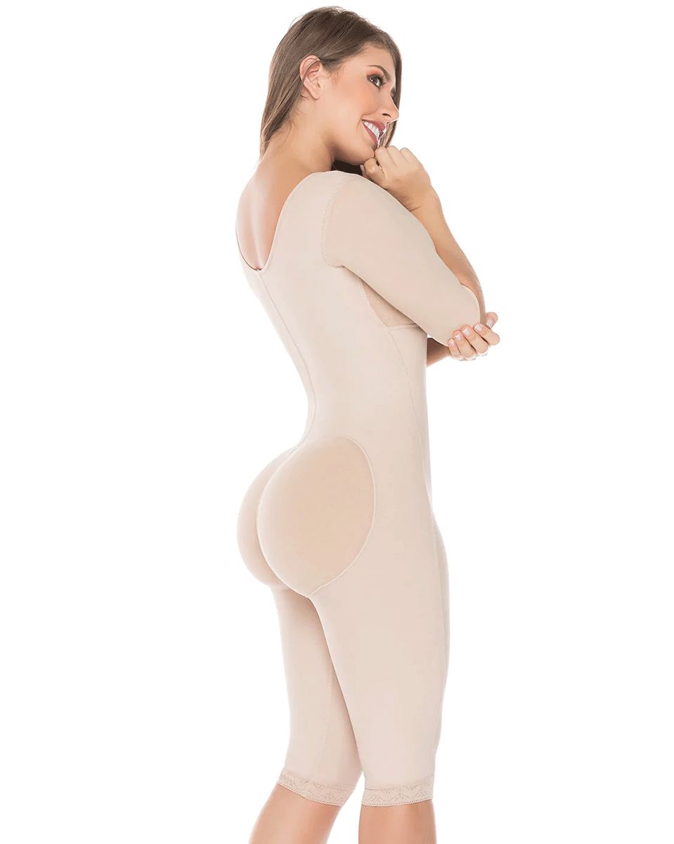 Fajas Salome Post-Op Body Faja de cuerpo completo para mujeres Control de barriga Levantador de glúteos Hasta la rodilla Fajas con mangas