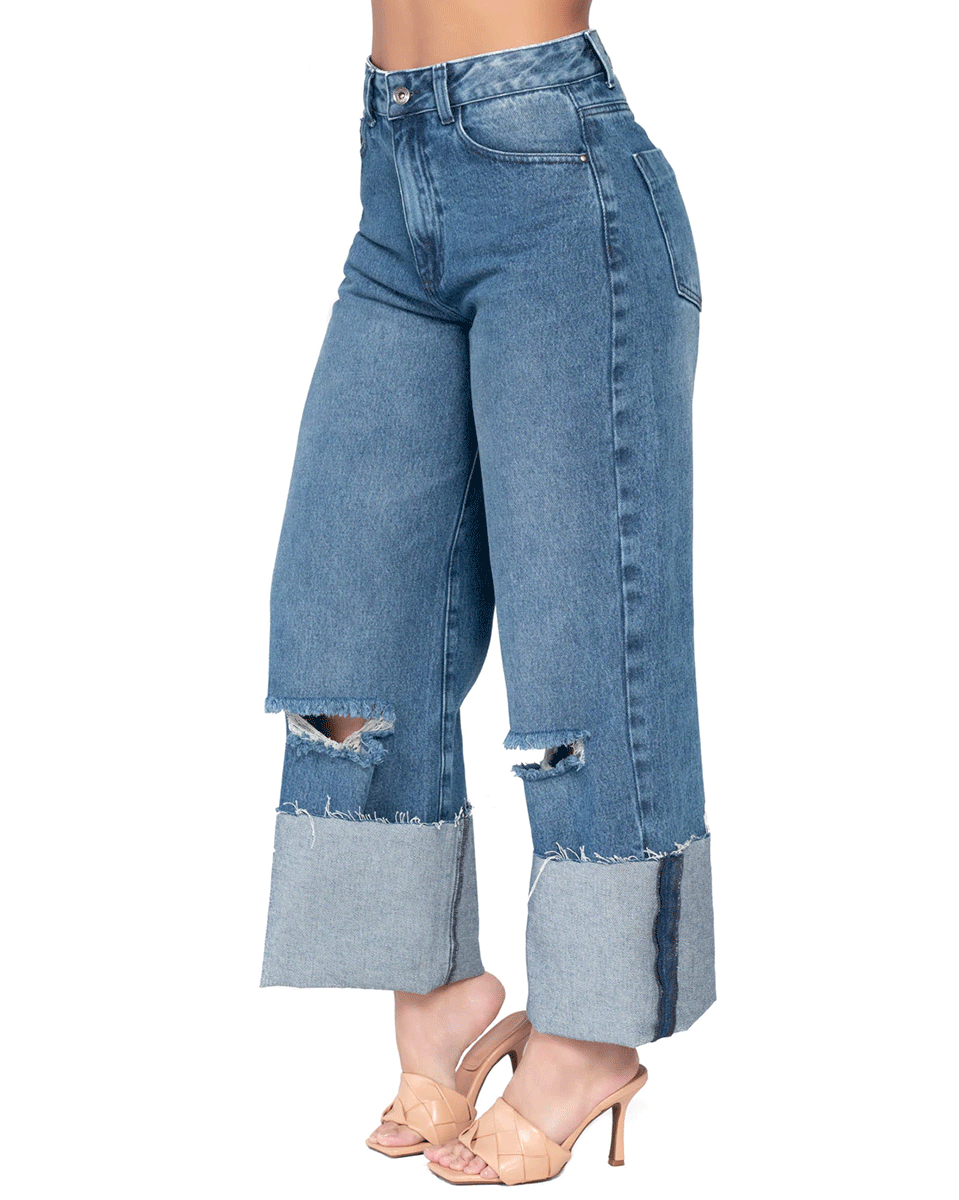 Lowla High Rise Wide Leg Distressed Denim Jeans Full Length