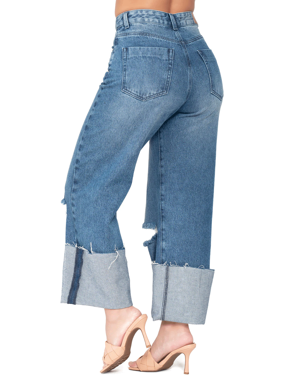 Lowla High Rise Wide Leg Distressed Denim Jeans Full Length